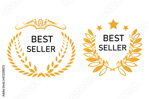 Sticker best seller set isolated premium quality in gold color perfect for mark best seller product. Best seller badge collection. Set of best seller emblem with laurel wreath, crown and star icon.