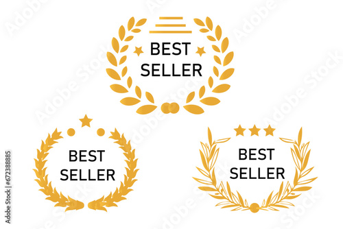 Sticker best seller set isolated premium quality in gold color perfect for mark best seller product. Best seller badge collection. Set of best seller emblem with laurel wreath, crown and star icon.