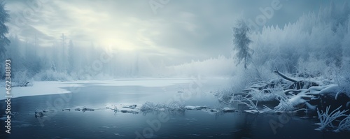 beautiful winter nature landscape covered with snow, misty fog, Generative Ai