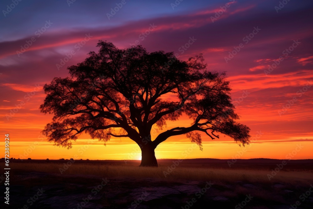 Silhouette of tree with sunset over trees and beautiful sky.
