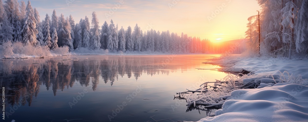 beautiful winter nature landscape covered with snow, river shore with woods, Generative Ai