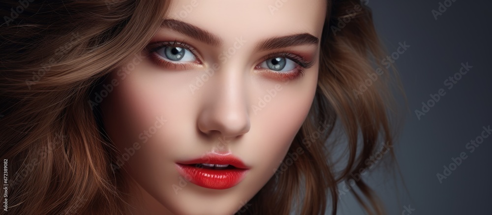 Fototapeta premium A beautiful young girl with reddish eyeliner radiant skin and wavy hair is captured in a close up portrait against a grey backdrop Her natural beauty shines through highlighted by her grace