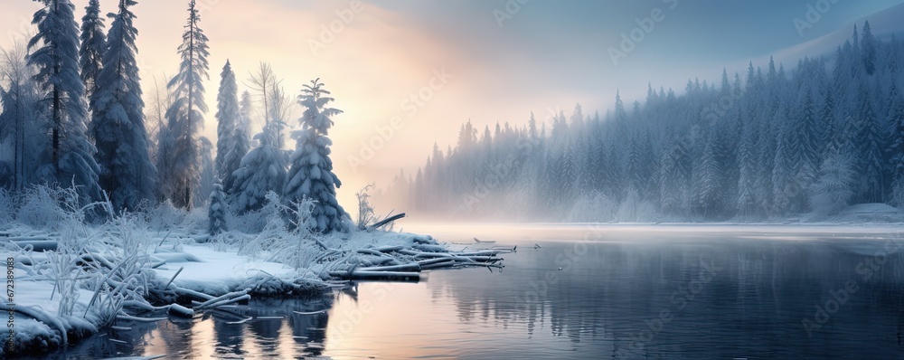 Fototapeta premium beautiful winter nature landscape covered with snow, river shore with woods, Generative Ai