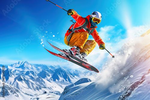 The skier is coming down the mountains at high speed, jumping over the slides