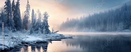 beautiful winter nature landscape covered with snow, river shore with woods, Generative Ai