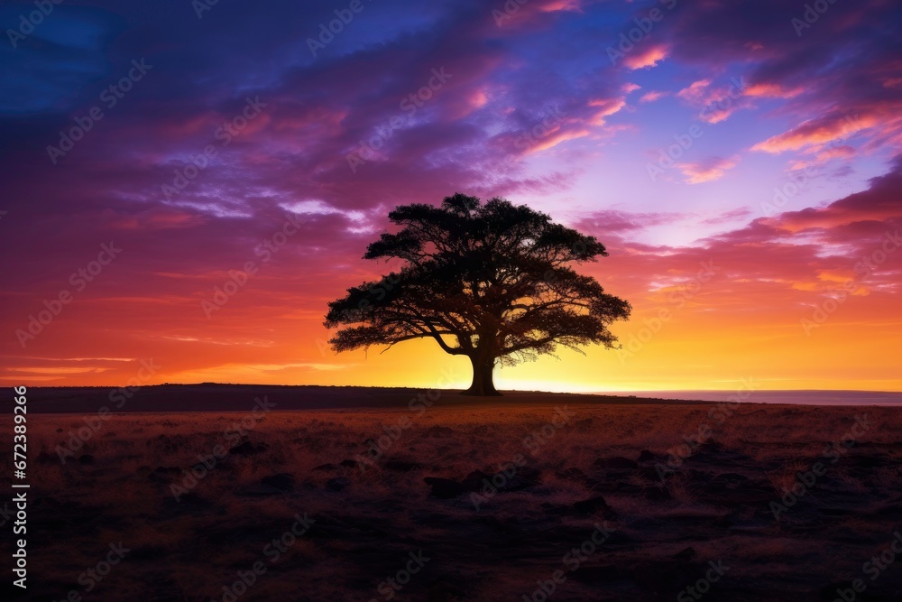 Silhouette of tree with sunset over trees and beautiful sky.
