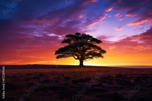 Silhouette of tree with sunset over trees and beautiful sky. 