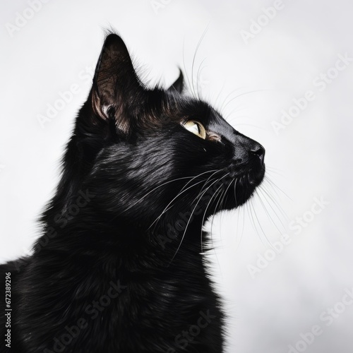 A black cat is looking up at the sky