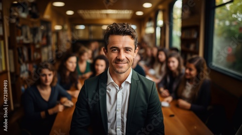 Portrait of a male lecturer in a university classroom looking into the camera  with students in the background.