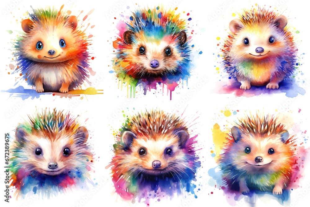 A set of six hedgehogs painted in different colors, watercolor clipart on white background. A set of six hedgehogs painted in different colors, watercolor clipart on white background.