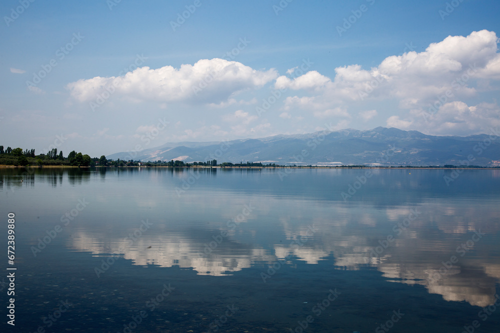 Fishing boat on the lake. Blue lake landscape. Iznik, Bursa, Turkey.