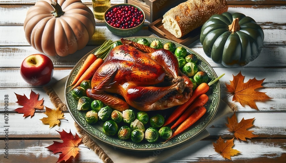 Thanksgiving centerpiece with roasted turkey, vibrant pumpkins, fresh vegetables, and autumn leaves on a rustic wooden table. Happy Thanksgiving Scene. Generative AI. Thanksgiving centerpiece with roasted turkey, vibrant pumpkins, fresh vegetables, and autumn leaves on a rustic wooden table. Happy Thanksgiving Scene. Generative AI.