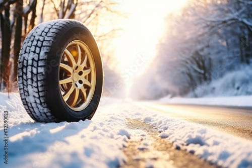 A winter car wheel tire by the side of a snow covered road © ink drop