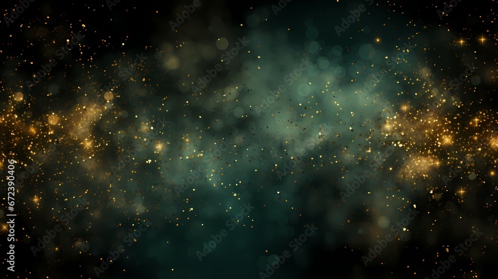 Naklejka premium An abstract backdrop with deep emerald green and rich bronze particles. Radiant autumnal light shine particles bokeh on a forest green background. Bronze foil texture generated with AI technology