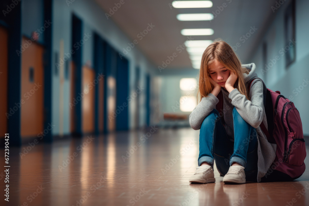 Girl with backpack sad and alone crying in the school hallway. Bullying, adhd and autism. - obrazy, fototapety, plakaty 