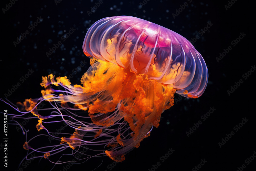 Naklejka premium A vibrant jellyfish glides gracefully in deep blue waters. Its luminous tentacles create a captivating dance of colors
