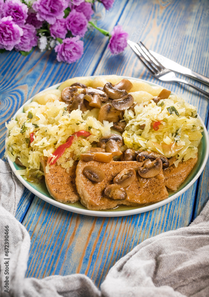 Braised pork loin with mushrooms. Braised pork loin with mushrooms.