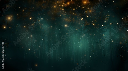 An abstract backdrop with deep emerald green and rich bronze particles. Radiant autumnal light shine particles bokeh on a forest green background. Bronze foil texture generated with AI technology