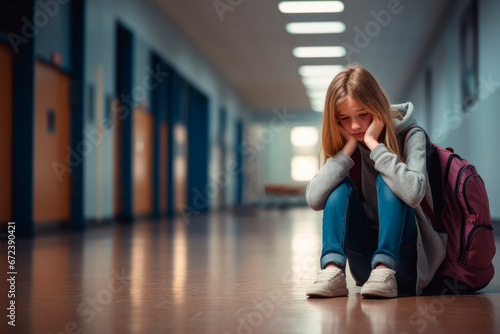 Girl with backpack sad and alone crying in the school hallway. Bullying, adhd and autism. photo