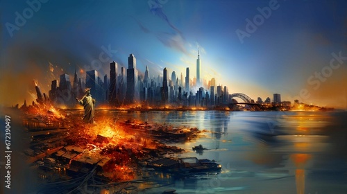 AI generated illustration of a view of a post-apocalyptic wasteland skyline of new york city