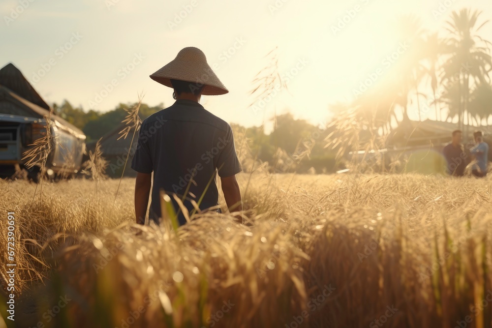 Farmers woring in the rice farm checking and examine .Agriculture innovation and cultivation concept Farmers woring in the rice farm checking and examine .Agriculture innovation and cultivation concept