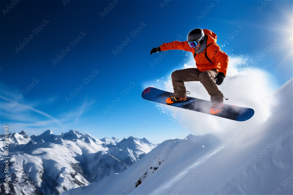 man going down the slope on a Snowboard in mountains