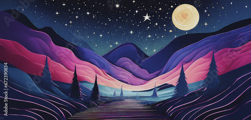 colorata illustrazione con paesaggio notturno, cielo stellato con grande luna su immaginarie valli e pendii photo