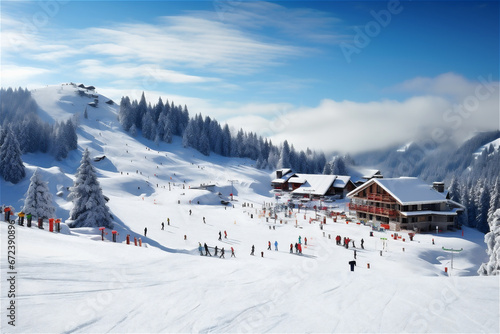Ski resort in winter. Skiers ride down the slope. Beautiful mountains and the blue sky, winter landscape