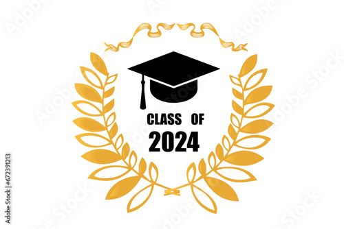 Set of class of 2024 graduation award emblem design template. Graduation cap with laurel wreath in gold color. Concept for shirt, print, seal, overlay or stamp, greeting, invitation card