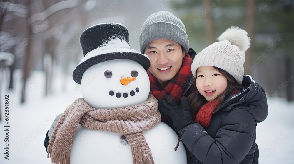 two man and woman couple lover take photo together with snowman, Generative Ai	
