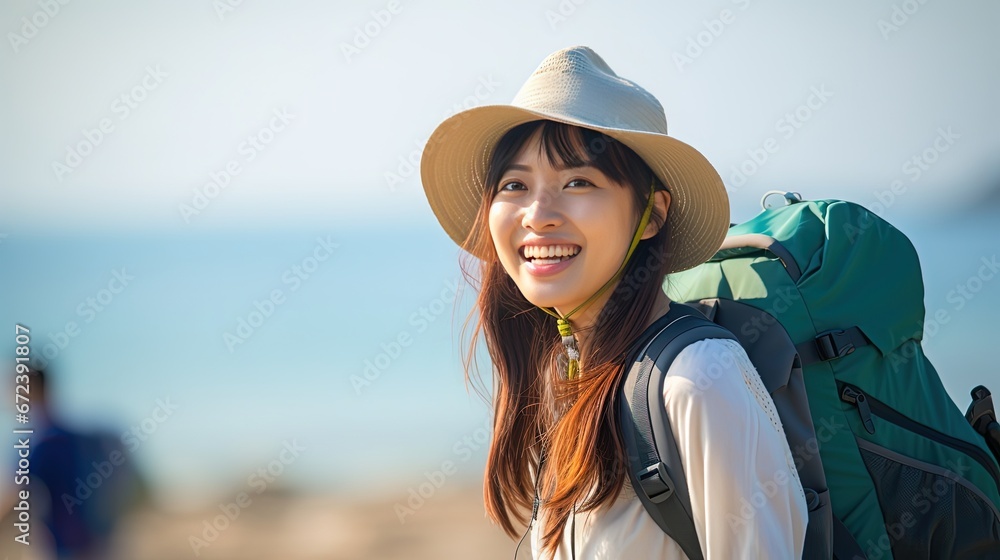happy Asian backpacker girl travel alone with seascape background, Generative Ai