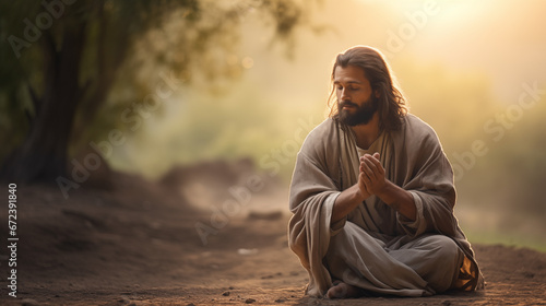 Jesus fasting and praying in the wilderness, Life of Jesus, blurred background, with copy space photo
