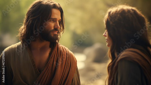 Jesus speaking with the Samaritan woman at the well, Life of Jesus, blurred background, with copy space photo