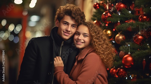 close up portrait of young teen couple lover in Christmas market festival, Generative Ai
