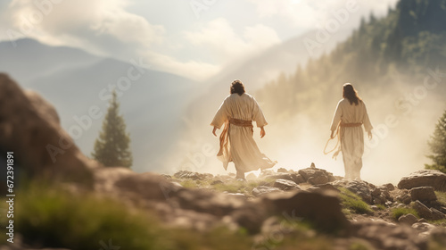 The Transfiguration of Jesus on the mountain with Moses and Elijah appearing, Life of Jesus, blurred background, with copy space