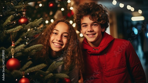 close up portrait of young teen couple lover in Christmas market festival, Generative Ai photo