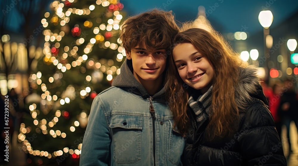 close up portrait of young teen couple lover in Christmas market festival, Generative Ai