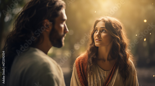 Jesus appearing to Mary Magdalene after His resurrection, Life of Jesus, blurred background, with copy space photo