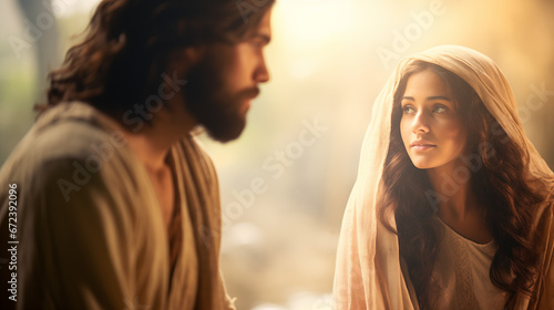Jesus appearing to Mary Magdalene after His resurrection, Life of Jesus, blurred background, with copy space photo