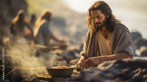 Jesus cooking fish for the disciples on the shore of the Sea of Galilee after His resurrection, Life of Jesus, blurred background, with copy space