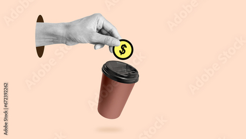 Become a sponsor is shown with collage with hand with coin and paper coffee cup photo