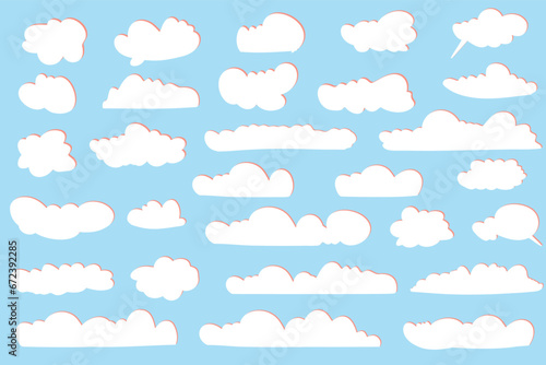 Fototapeta Naklejka Na Ścianę i Meble -  Set vector Cartoon Cloud with Red Shadow. White Cloud Collection Isolated in Blue sky