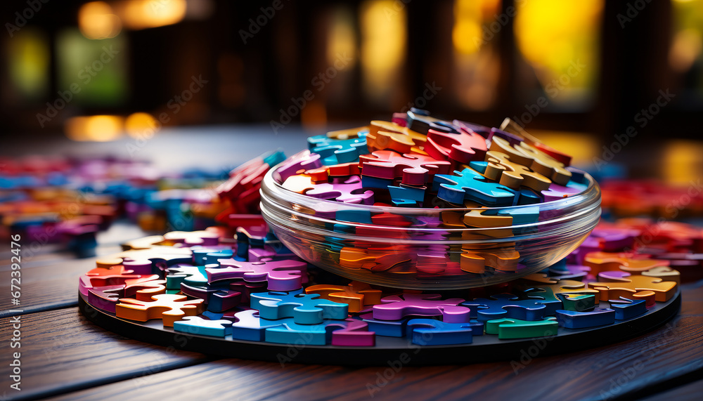 Colorful Puzzle Pieces Forming a Vibrant Display on a Rustic Wooden Surface