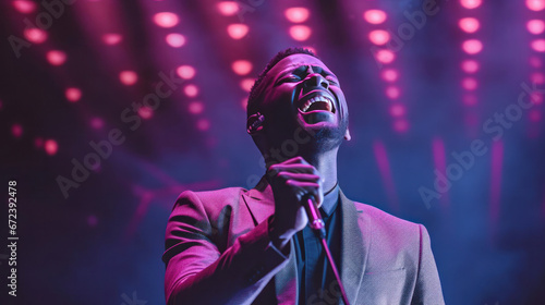An African American man singing passionately on a stage in pink stage lighting.
