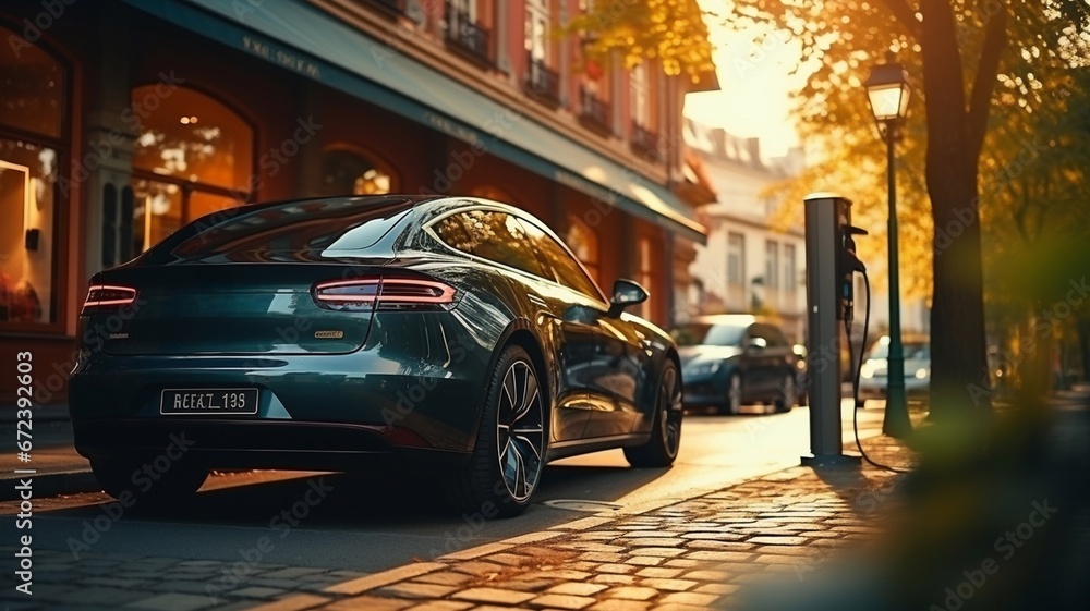 Fototapeta premium Electric vehicle charging in the city with modern fast chargers.