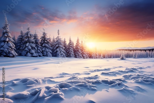 Winter Wonderland: Snowy Countryside at Sunset with trees covered with snow