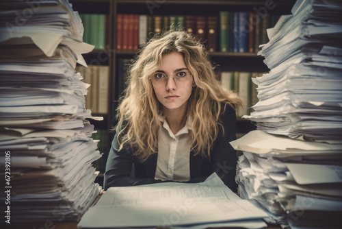 An overworked young woman at a desk. She sits depressed at her workplace surrounded by stacks of paper and books. Conceptual representation of overwork and burnout.