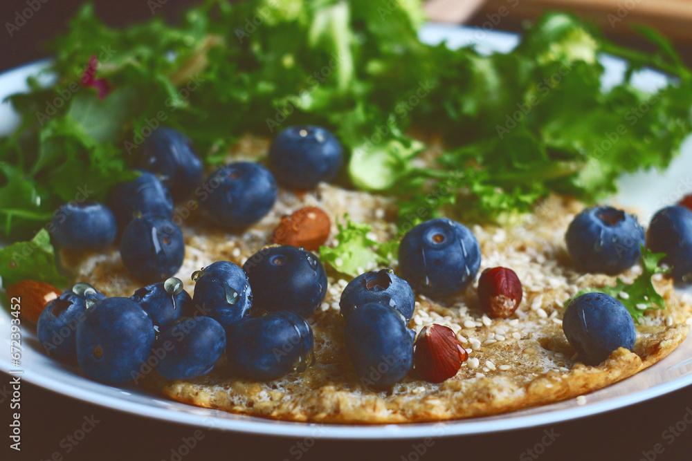 Oatmeal pancake with blueberries. Healthy breakfast. Oatmeal pancake with blueberries. Healthy breakfast.