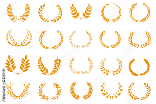 Set of Laurel gold vector illustration. Leaves frame, swirls, laurel wreath, award decoration. Winner award set, branch of olive leaves or stars of victory symbol