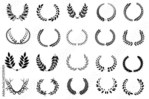 Set black laurel wreath round frame icon vector. Hand drawn elegant floral frame with branches and leaves. For awards, winner, trophy, branches, foliate or leaves circle badge, and etc.